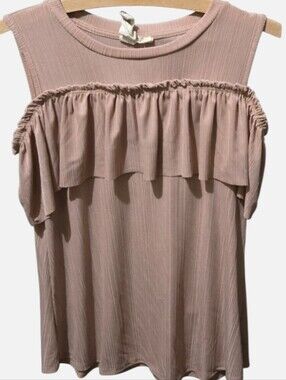Blu Pepper Blush Pink Ribbed Cold Shoulder Ruffle Top Medium
